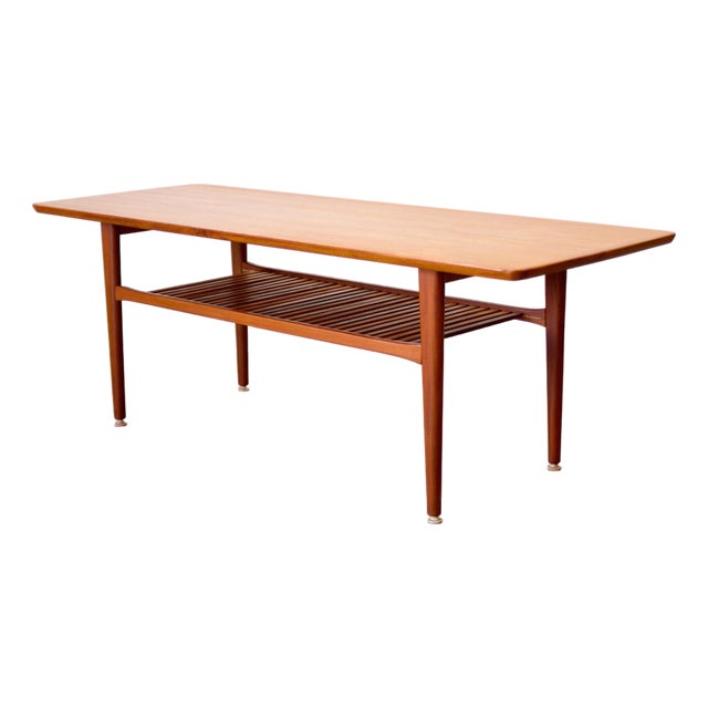 1950s Danish Teak Coffee Table With Slatted Lower Shelf For Sale
