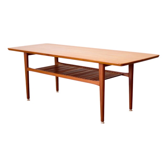 Danish Teak Coffee Table With Slatted Lower Shelf For Sale