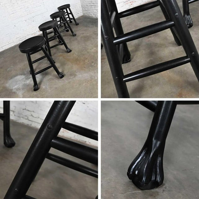 Wood Vintage Rustic Blackened Solid Hardwood Chunky Claw Foot Barstools Set of 4 For Sale - Image 7 of 13