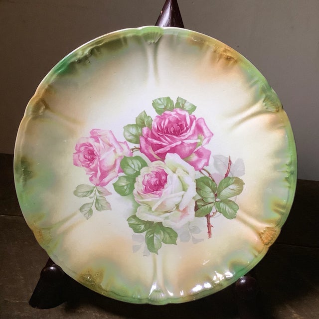 Rose Antique Anton Mehlem Bavarian German Luster Wall Art Cake Plate Featuring Cabbage Roses For Sale - Image 8 of 8