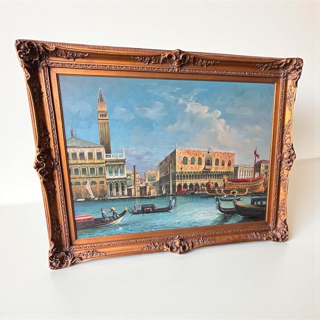 Sky Blue Mid 20th Century Original Oil on Canvas Painting of Venice With Stunning Carved and Gilded Wood Frame by De Taro For Sale - Image 8 of 8