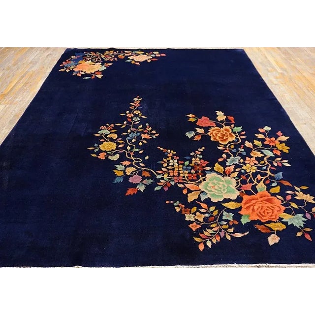 1930s Black Floral Spray Antique Chinese Art Deco Carpet 8'10" X 11'6" Handknotted Wool Rug For Sale - Image 4 of 13