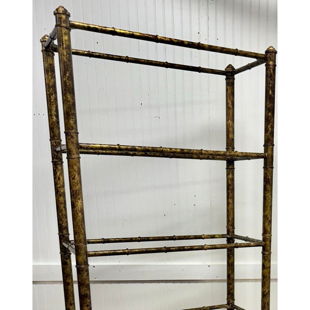 Stunning Pair of Vintage Mid-Century Tole Faux Bamboo Bookcase Etergeres in a Faux Tortoise Shell Finish - Newly Painted For Sale - Image 9 of 12