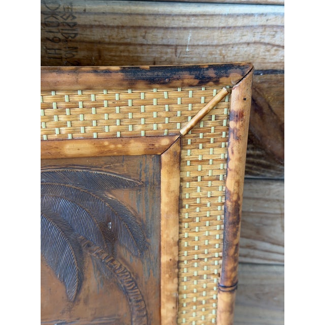 Mid-Century Modern Vintage Hawaiian Tiki Copper Relief in Tortoise Bamboo Frame With Woven Rattan Mat For Sale - Image 3 of 12
