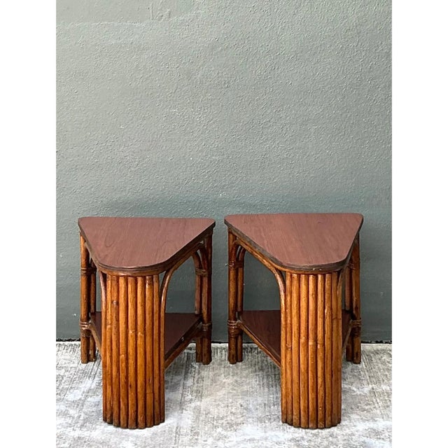 Vintage Rattan Pie Slice Side Tables After Frankl For Sale - Image 10 of 15