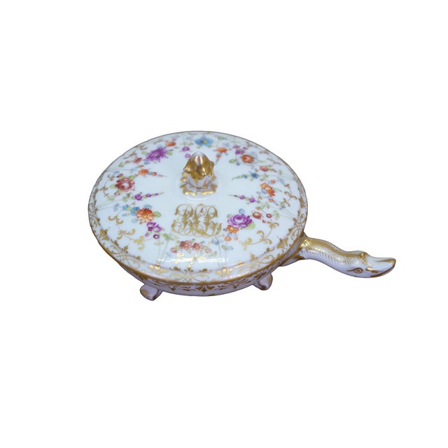 French Antique Dresden Covered Footed Turtle Soup Bowl Compote 5" For Sale - Image 3 of 17