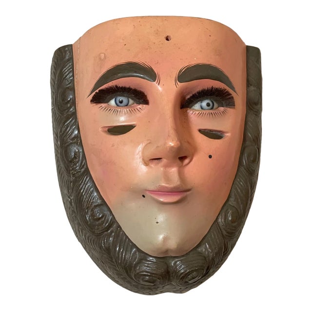 Vintage Parachicos Mask Hand Carved Wood Mexican Folk Art Chiapas Glass Eye For Sale