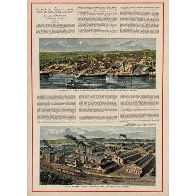 Harlan & Hollingsworth Shipbuilding & Railroad, Wilmington Riverfront Delaware – Antique Steel Engraving, 1890 For Sale