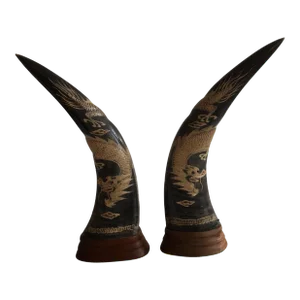1950s Carved Horns with Dragon Motif on Wood Base - A Pair