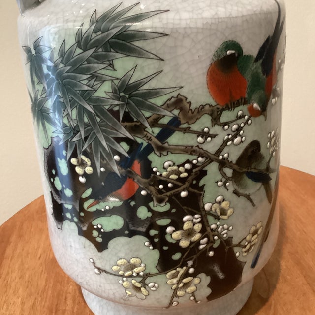 Chinese Vintage Chinese Hand-Painted Crackled Glaze Vase W/Foo Dogs Handles Calligraphy & Stamps For Sale - Image 3 of 12