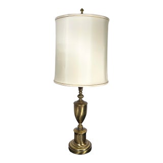 Complete Stiffel Brass Torchiere With Original Waffle Weave Diffuser, Original Drum Shade and Finial For Sale