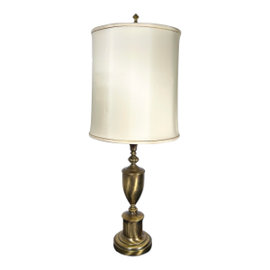 Complete Stiffel Brass Torchiere With Original Waffle Weave Diffuser, Original Drum Shade and Finial