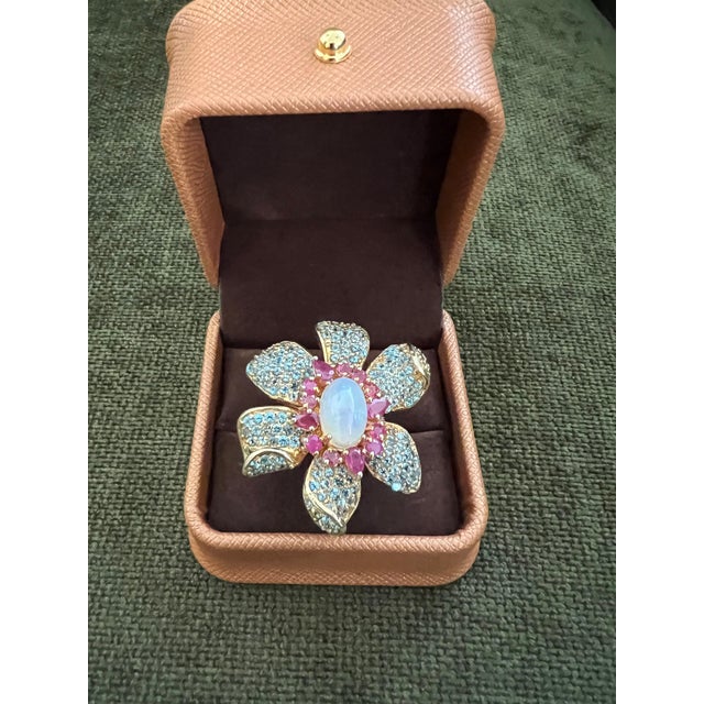 White Bochic "Capri" Vintage Ruby, Fire Opal & Blue Topaz Ring Set 18K Gold & Silver For Sale - Image 8 of 18
