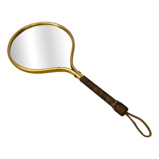 Mid-Century Handheld Vanity Mirror in Brass, Leather and Rattan, Sweden, 1950s For Sale