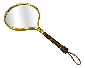 Mid-Century Handheld Vanity Mirror in Brass, Leather and Rattan, Sweden, 1950s