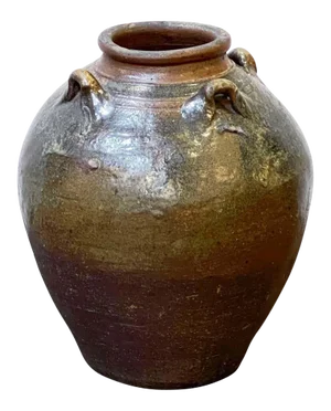 Antique Glazed Ceramic Jug or Jar With Four Handles From France