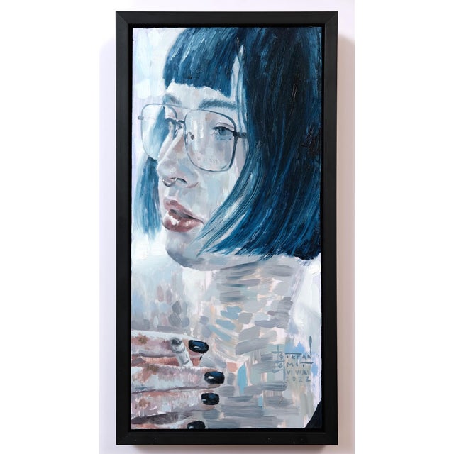 Realization by Stefan Smit | Oil on panel Portrait of a woman with blue hair and glasses. For Sale
