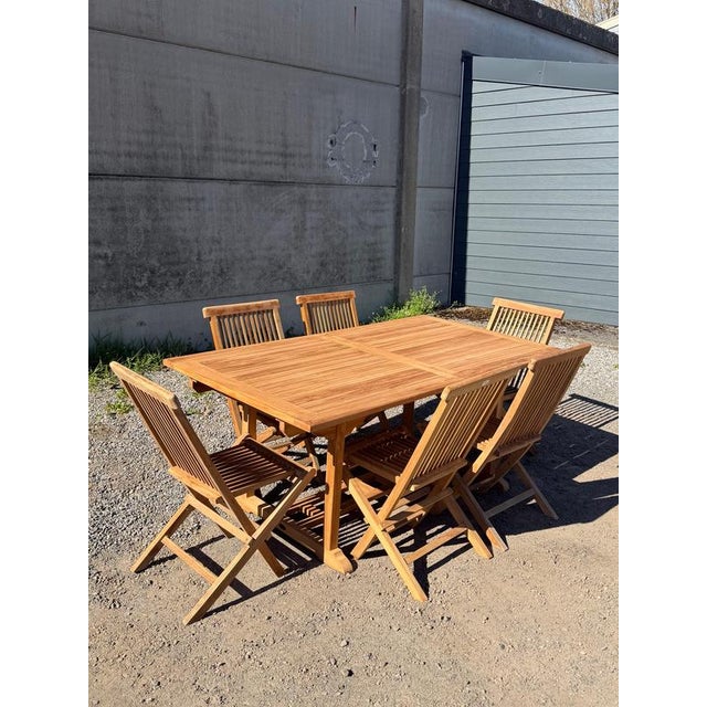 Wood Rectangular Extendable Teak Garden Table and Folding Chairs, Set of 7 For Sale - Image 7 of 10