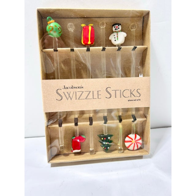 Red Christmas Swizzle Sticks Stirs, Blown Glass With Original Box - Set of 6 For Sale - Image 8 of 9