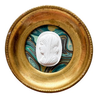 Small Intaglio Portrait, Lady Looking Left, in Vintage Florentine Frame on Marbled Paper by Dorothy Art, 3x3” For Sale