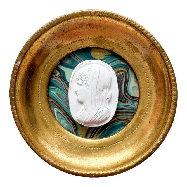 Small Intaglio Portrait, Lady Looking Left, in Vintage Florentine Frame on Marbled Paper by Dorothy Art, 3x3” For Sale