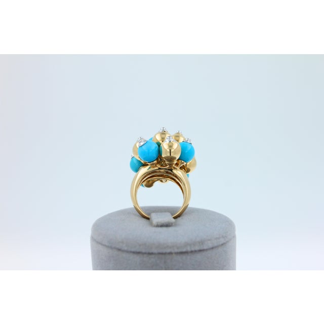 Blue Turquoise Diamonds Golden Spheres Balls Christmas Bells Motif 18k Gold Ring, Size 7 For Sale - Image 15 of 18