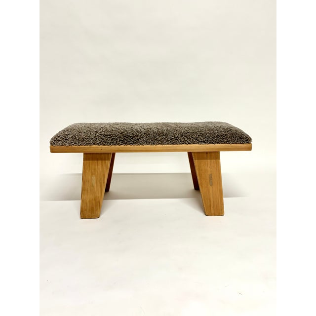 Rustic Norwegian Pine Bench Reupholstered in Shearling, 1960s. I have official proof of authenticity such as vintage...