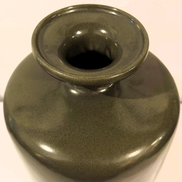 Vintage Large Mottled Moss & Chestnut Speckled Glazed Bottle Vase (14") For Sale In Greenville, SC - Image 6 of 18
