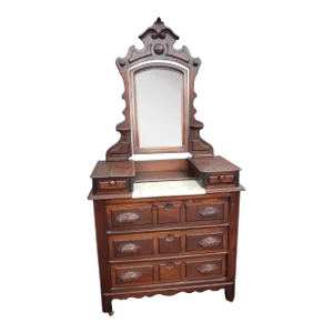 19th C. American Empire Eastlake Mahogany Dresser W/ Marble Top Inset and Mirror