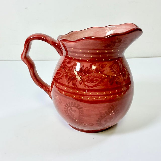 1990s Boho Chic Farmhouse Scalloped Handle Hand Painted Ceramic Pitcher. For Sale - Image 4 of 14