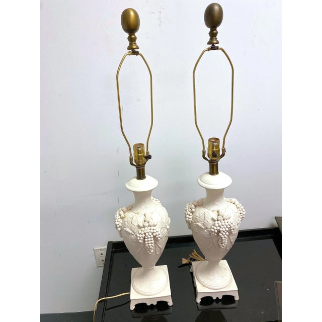 Mid 20th Century Vintage Italian White Raised Grapes and Vines Signed Lamps - A Pair For Sale - Image 5 of 12