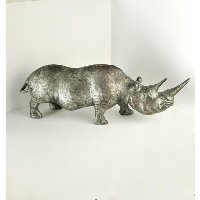 Rhino Sculpture in Platinum Toned Metallic Finish, 1980s For Sale - Image 6 of 7