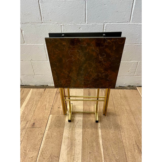 Vintage Set of Brass and Faux Tortoise Snack Tables With Stand For Sale In New York - Image 6 of 10