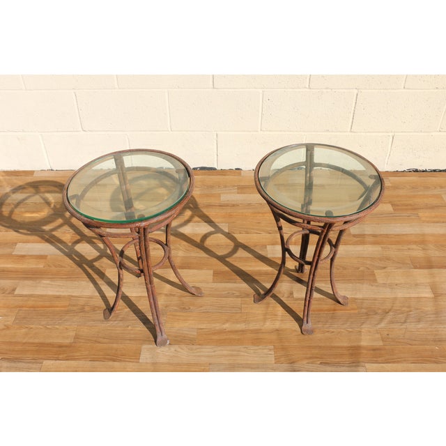Exceptional pair of sculptural wrought iron side tables by Rose Tarlow Melrose House, featuring beautifully detailed faux...