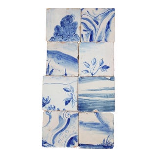 Antique Set of Eight Baroque Portuguese Tiles 18th Century Blue & White Scenic & Floral Design For Sale