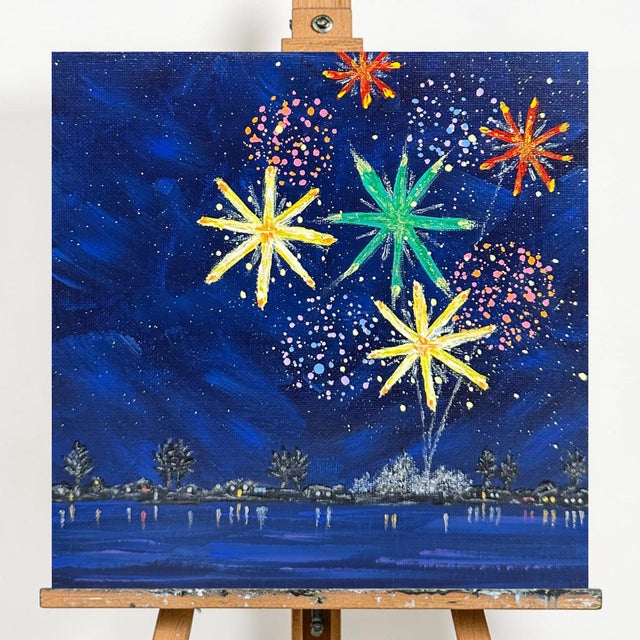 This original acrylic painting features vibrant fireworks against a deep navy sky scene that you might see on a holiday...