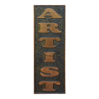 Vintage Carved Wood Artist Sign For Sale