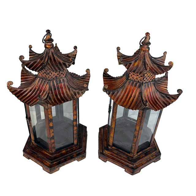 Chinoiserie Brighton Pagoda Chinoiserie Metal Lanterns - A Pair For Sale - Image 3 of 8