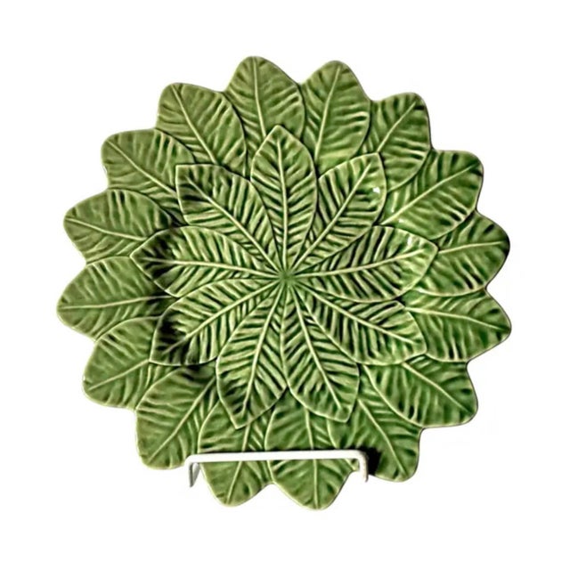 Set of Three Large Vintage Bordallo Pinheiro Green Leaf Platters. These 13" diameter platters feature richly veined leaves...