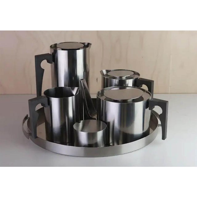 Very smart tea and coffee set on a tray Made by Shelton,Denmark. Designed by Arne Jacobsen Makers marks on the base of...