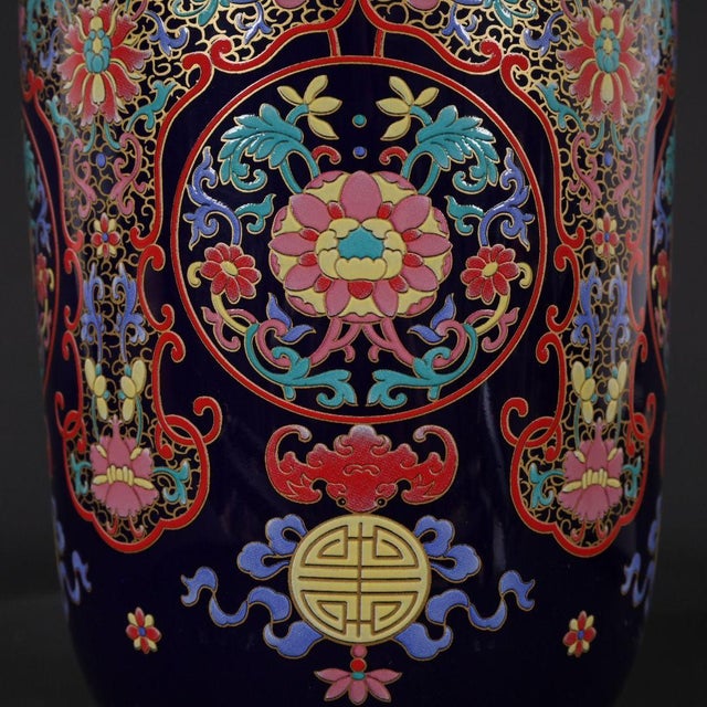 Dark Blue Ground Famille Rose Shou Symbol Floral Rouleau Vase, Chinoiserie Decor Vessel For Sale - Image 4 of 9