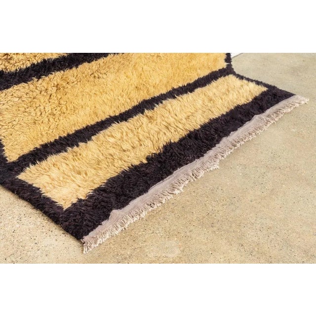 Mid 20th Century Vintage Handmade Turkish Tulu Beige and Brown Black Striped Wool Tribal Shag Floor Rug, 5’ X 8’ For Sale - Image 5 of 10