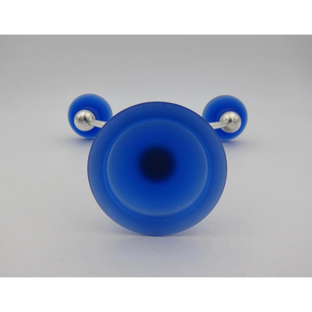 Silver Christofle Alexandrie French Modernist Candelabra in Silverplate and Blue Glass For Sale - Image 8 of 10