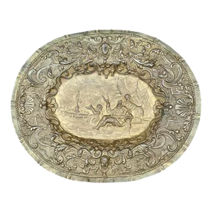 Oval Brass Tone Metal Poseidon Bas Relief Repousse Scene Wall Decor
