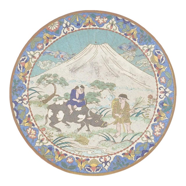 Meiji Period Japanese Cloisonne Enamel Plate Featuring Water Buffalo Mt Fuji For Sale