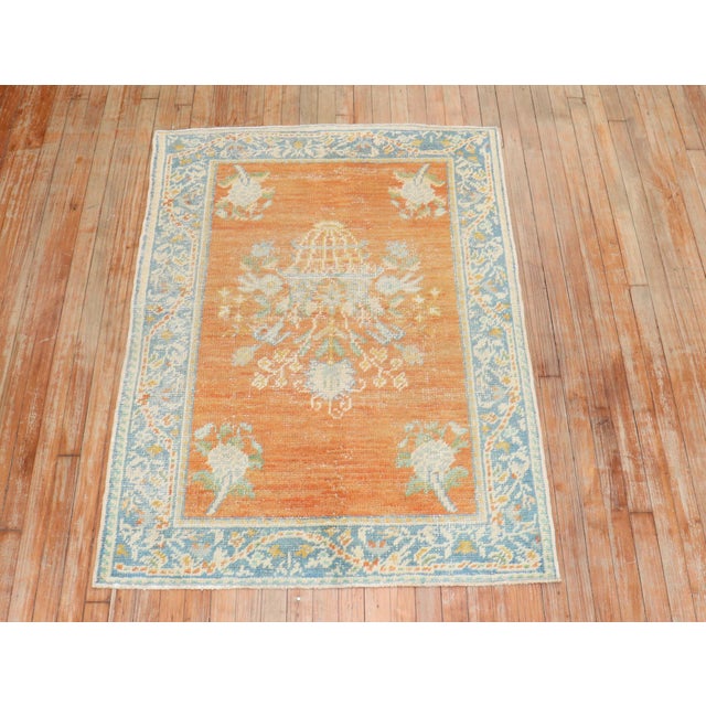 Textile Antique Zabihi Collection Oushak Orange Floral Scatter Rug - 3'7" x 4'10" For Sale - Image 7 of 8