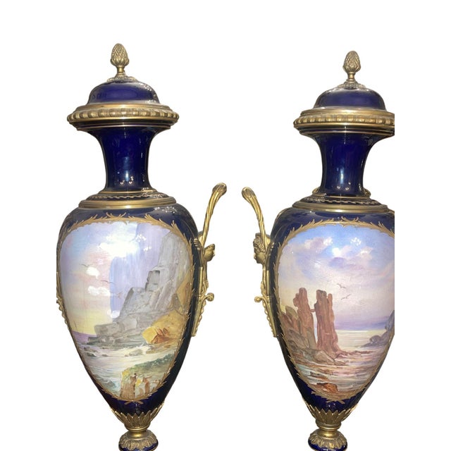 19th Century Pair of 19th Century French Sèvres Porcelain Urns With Ormolu Mounts For Sale - Image 5 of 8