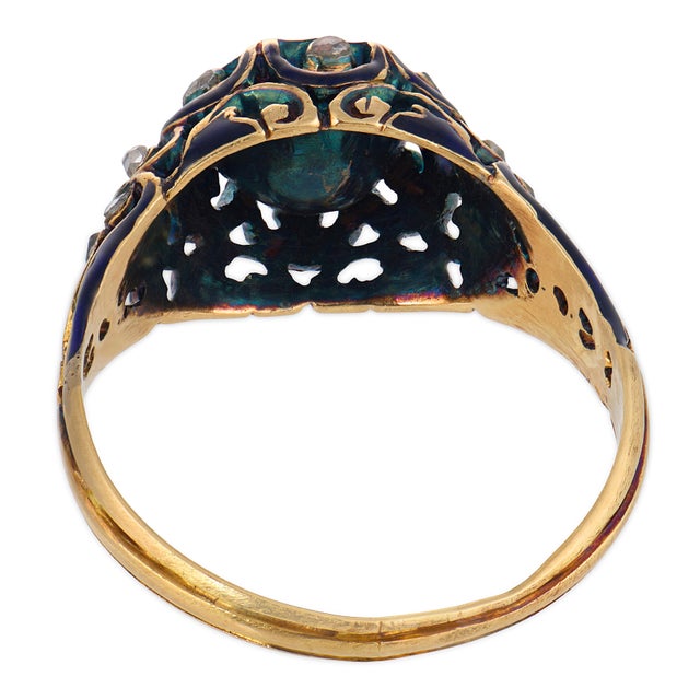 19th Century Victorian Rose Cut Diamond 18k Yellow Gold Enamel Engagement Ring, Size 7 For Sale In Los Angeles - Image 6 of 6