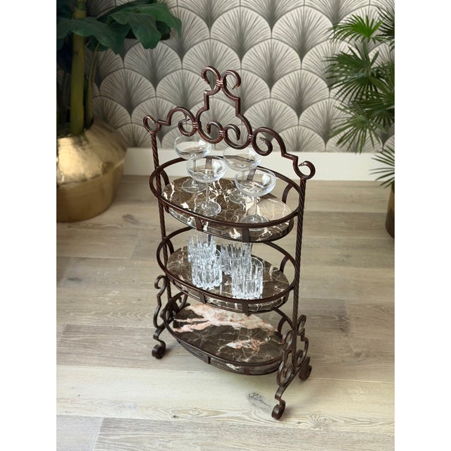 French Marble Stone and Wrought Iron Metal 3-Tier Plant Stand or Bar Cart For Sale - Image 3 of 16
