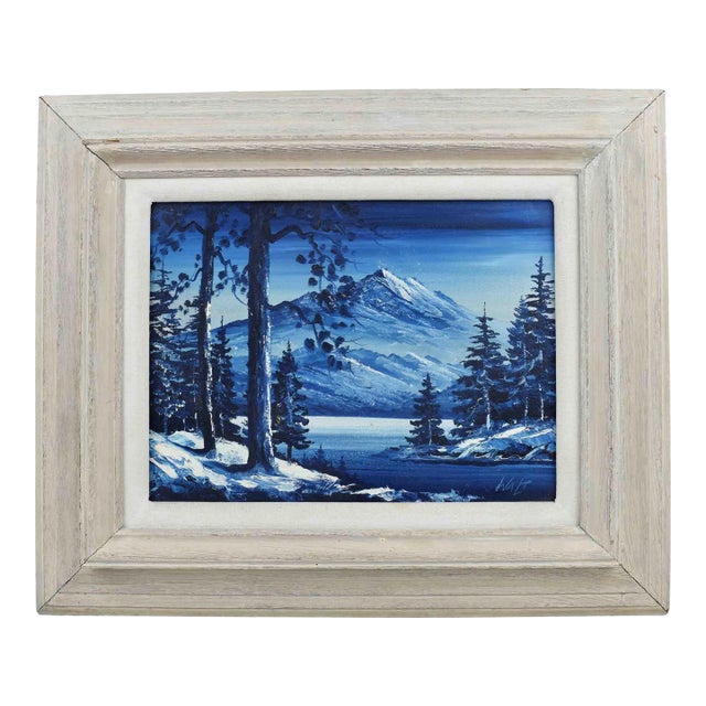 Mid 20th Century Blue and White Landscape Mountain and Forest Scene Oil Painting Signed Walt For Sale
